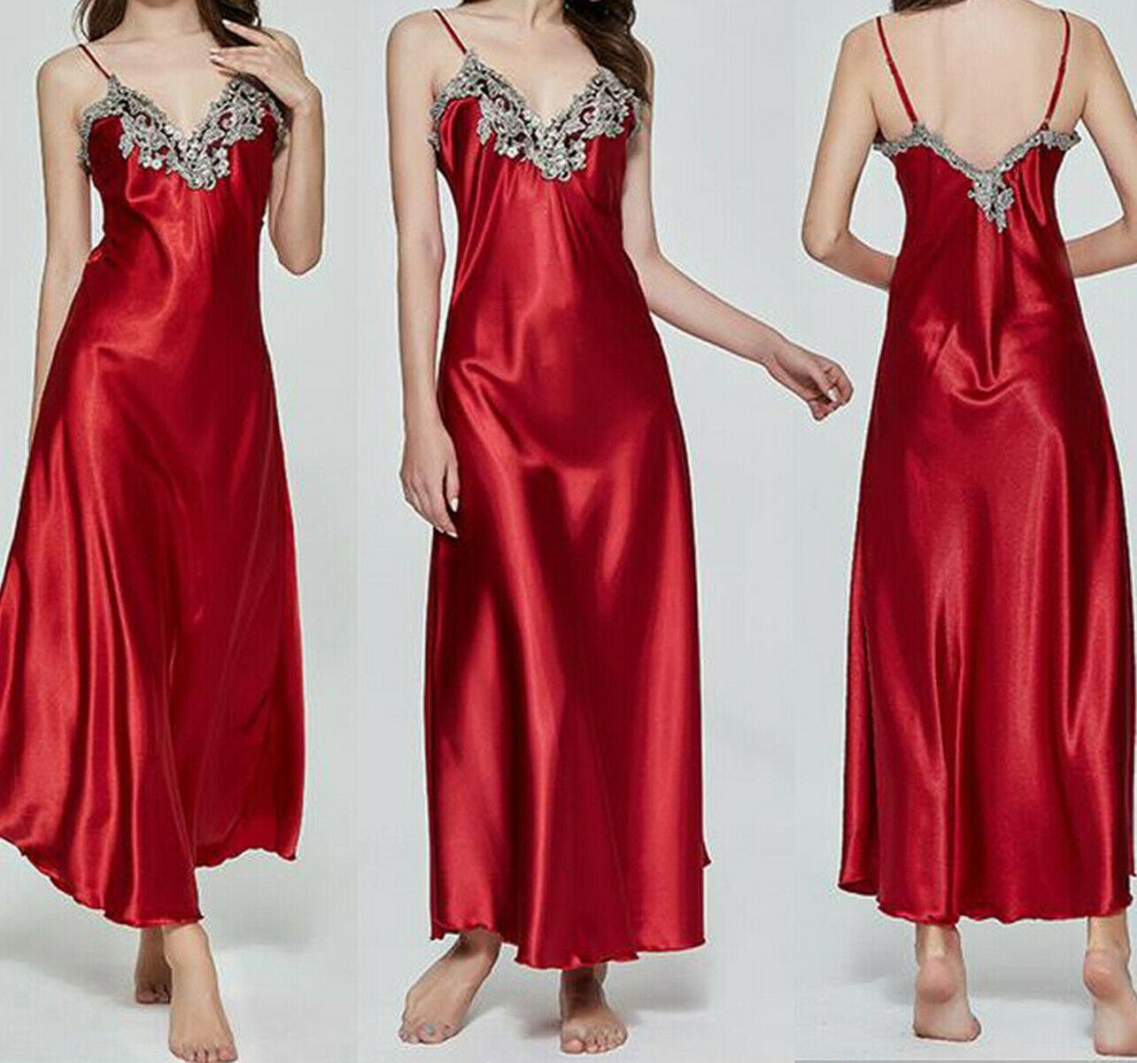 Women V-neck Satin Silk Lace Lingerie Night Dress Fashion Summer ...