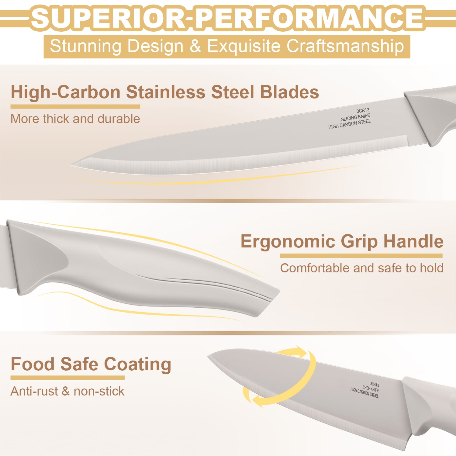Vesteel Knife Set for Kitchen with Block, 15 Pcs High Carbon Stainless Steel Kitchen Knife Set with Self Sharpening - Khaki