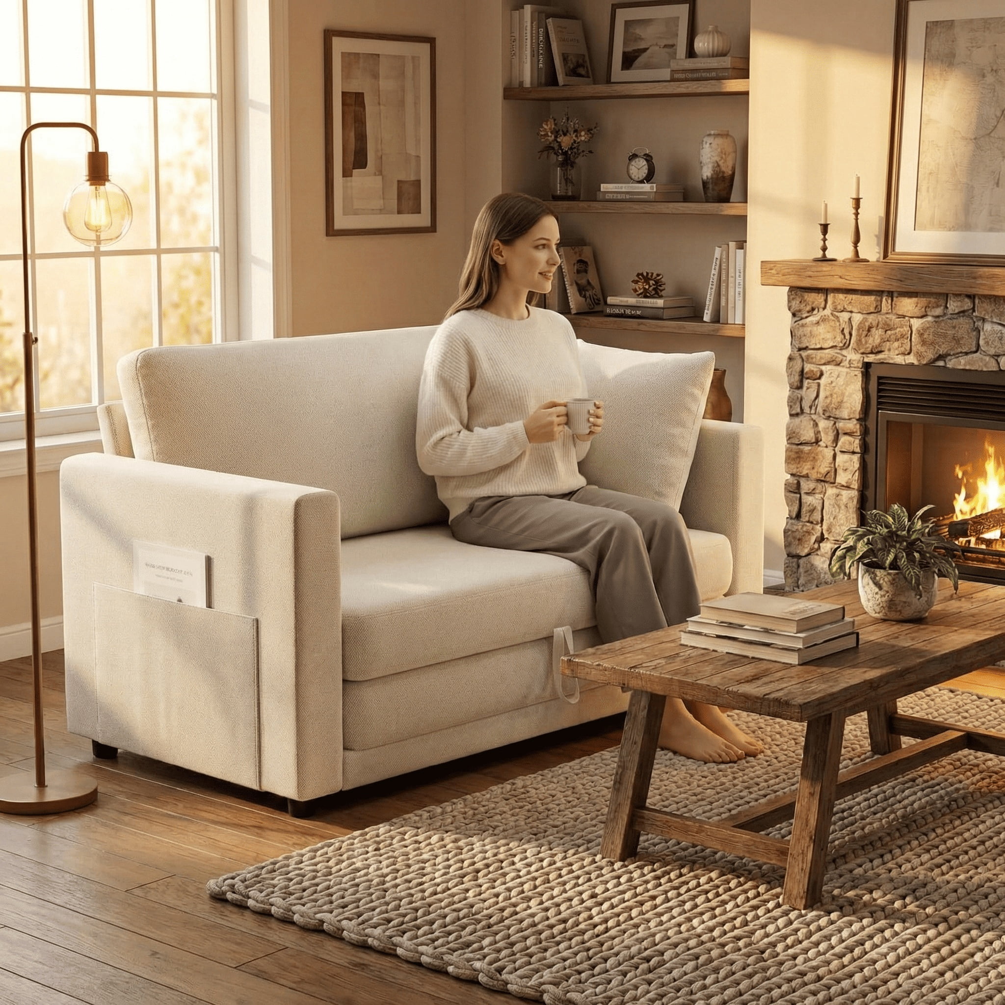 Gacale Sofa Bed, 2-in-1 Pull Out Loveseat Sleeper Sofa, Folding Floor Couch for Guest Room and Bedroom, Beige