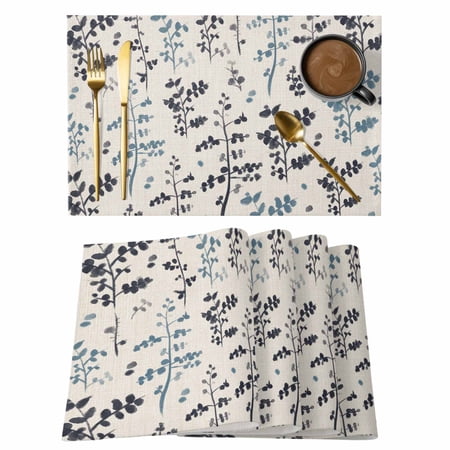 Placemats Set of 8 Grey Blue Botanical Woven Placemat Linen Place Mats for Kitchen/Dining Tables Rustic Country Spring Floral Summer Leaf Washable Table Mats for Party
