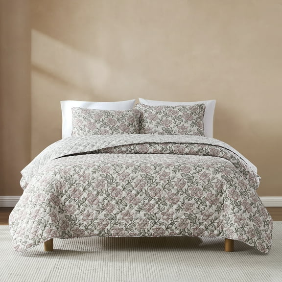 Lush Decor Zara Floral Block Reversible Quilt 3 Piece Set King/ Cal King Misty Rose - Floral Bedding Set - Block Print Quilt - Vintage Coquette Decor