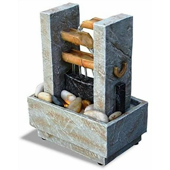 8" H Cascading Bamboo Tabletop Water Fountain with Natural River Rocks and LED Lights (Power Cord Attached)$$Home Decor, Kitchen, & Other