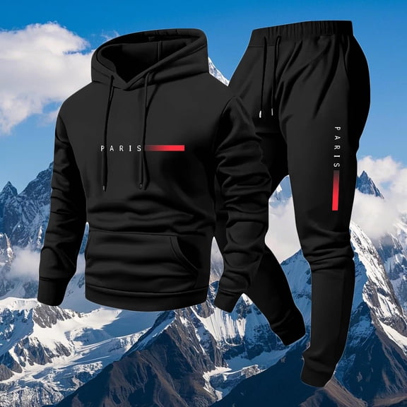 Ceisia Men's PARIS Print Hooded Tracksuit Set with Kangaroo Pocket for Casual & Sports Wear Black S Gifts