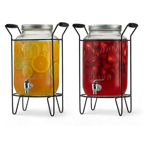 2 PACK-2 GALLON Drink Dispensers for Parties, Drink Dispensers for Parties, Original Mason Beverage Dispensers with Stand, Glass Water Jug Dispenser, 100% Leakproof Spigot Perfect For And Daily Use