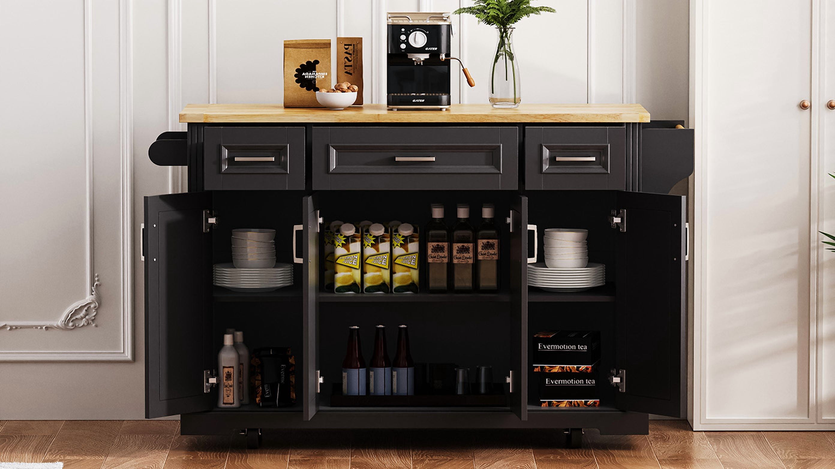 Kitchen Island with Drop Leaf, 54" Embossed Texture Rolling Cart with 4 Cabinets & 3 Drawers, Large Storage Island on Wheels for Kitchen
