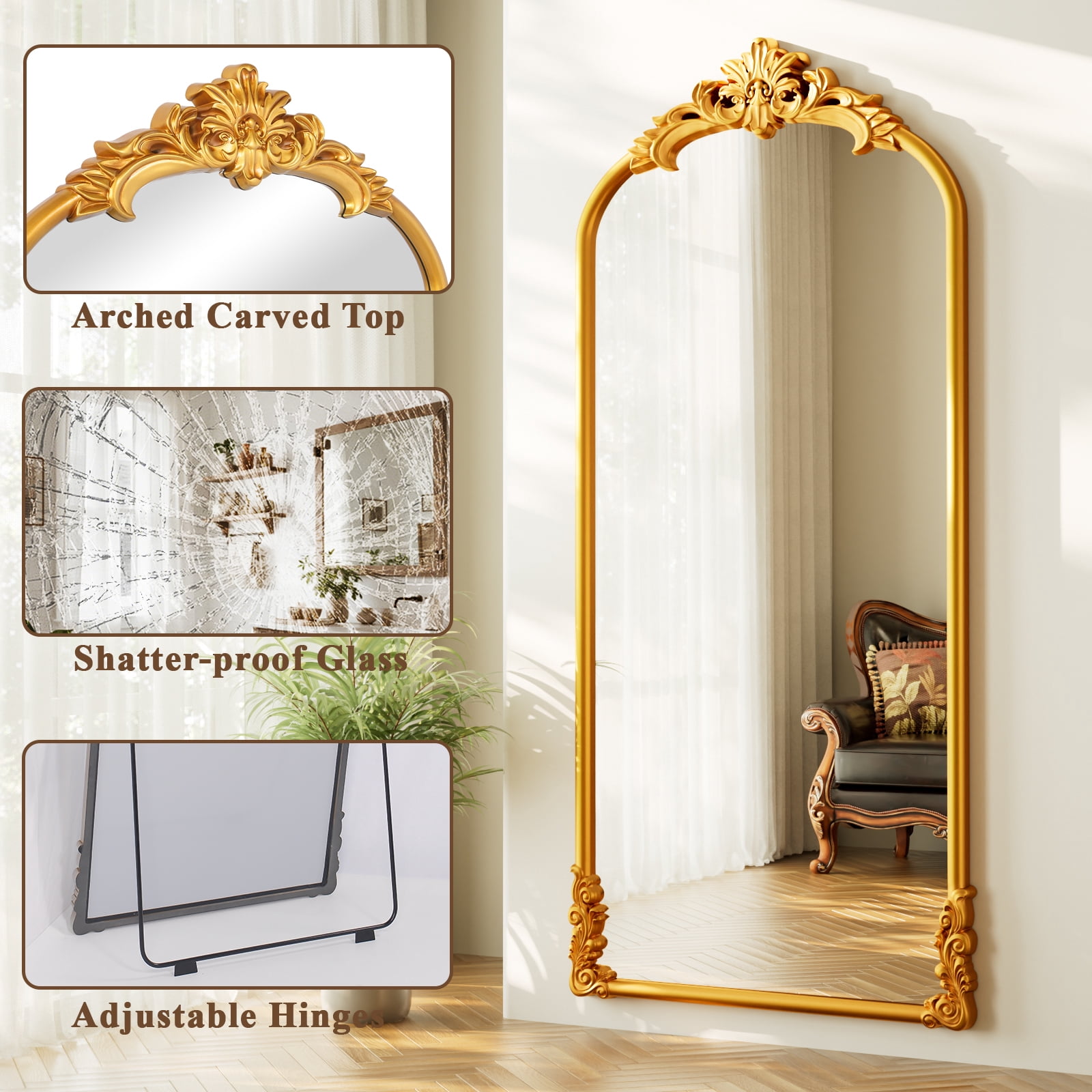 Easy4Home 71"x32" Arched Full-Length Floor Mirror Smooth Arch Top Floral Crest Standing Mirror, Bright Gold