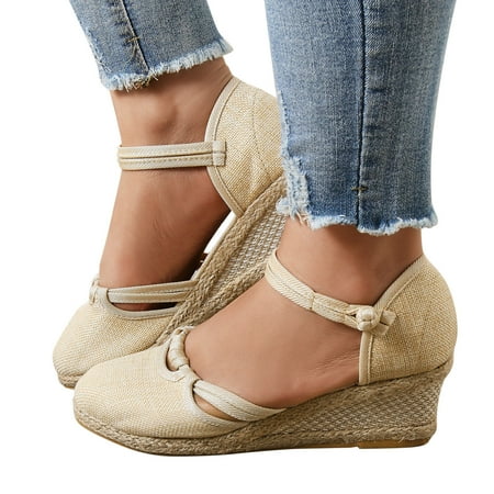 

Sandals Women Fashion Solid Color Shoes Breathable Braided Buckle Wedge Sandals