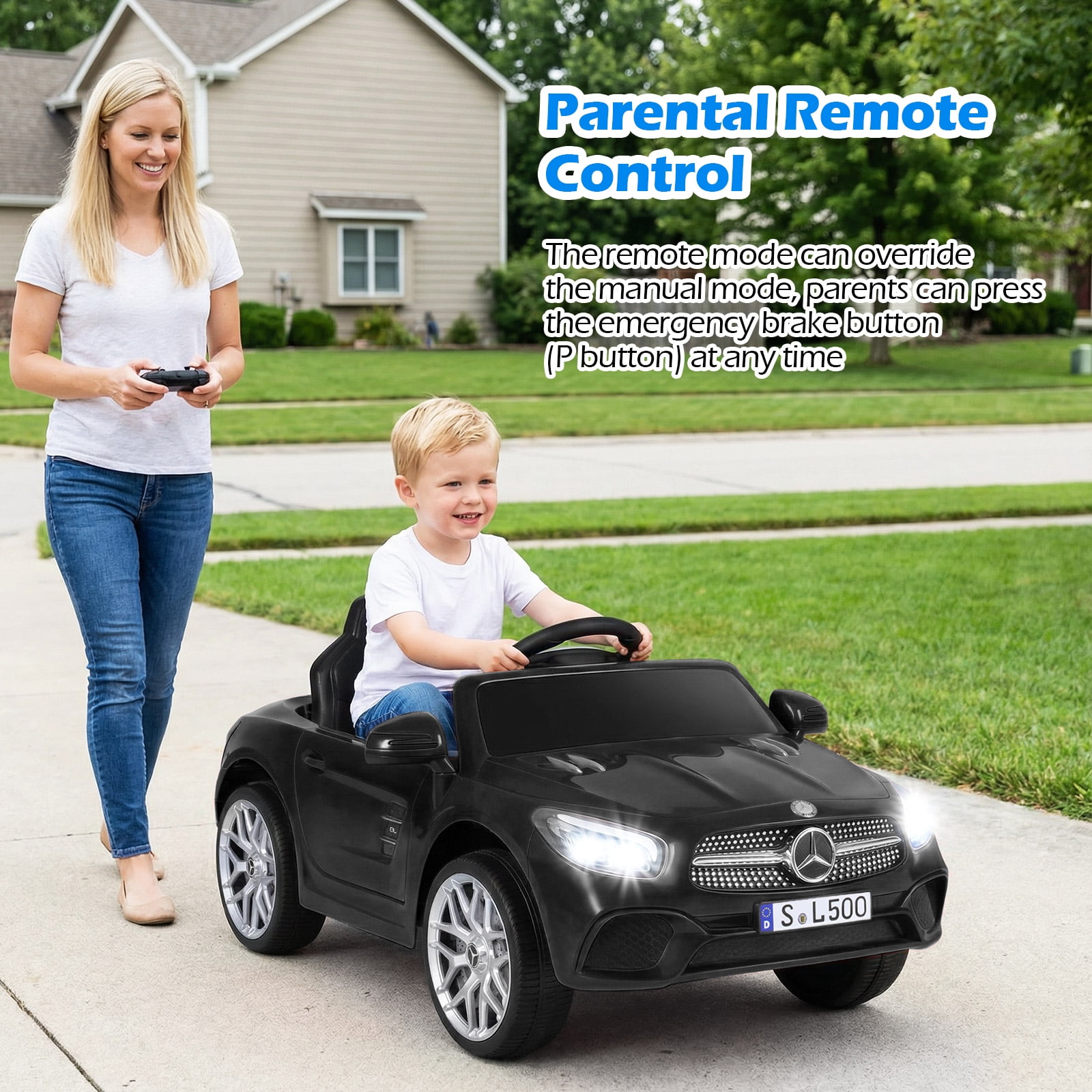OLAKIDS 12V Electric Kids Ride On Car, Licensed Mercedes Benz SL500 Toy Car with Remote Control, MP3 Plug, USB, 2 Speeds, LED Lights, Battery Powered Toy Vehicle for Toddler Children (Black)