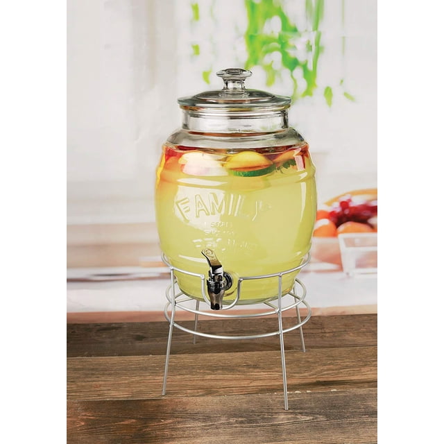 Circleware Family Recipe Glass Beverage Dispenser With Chrome Stand, Clear, 2.2 Gallons