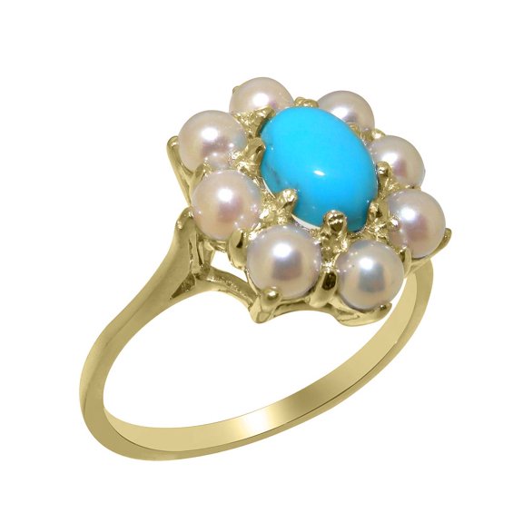 LBG British Made 9k Yellow Gold Natural Turquoise & Cultured Pearl Womens Statement Ring - 33 size options - Size 10
