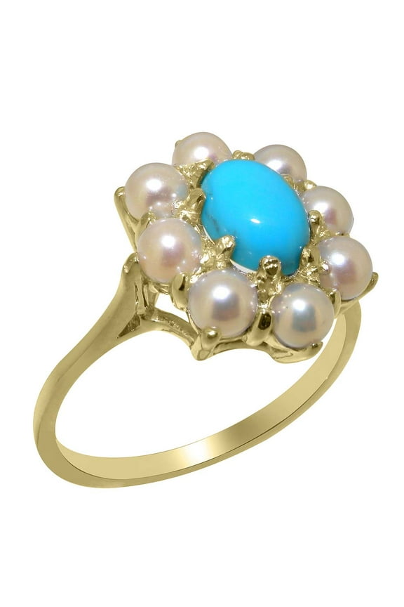 LBG British Made 18k Yellow Gold Natural Turquoise & Cultured Pearl Womens Statement Ring - 33 size options - Size 10
