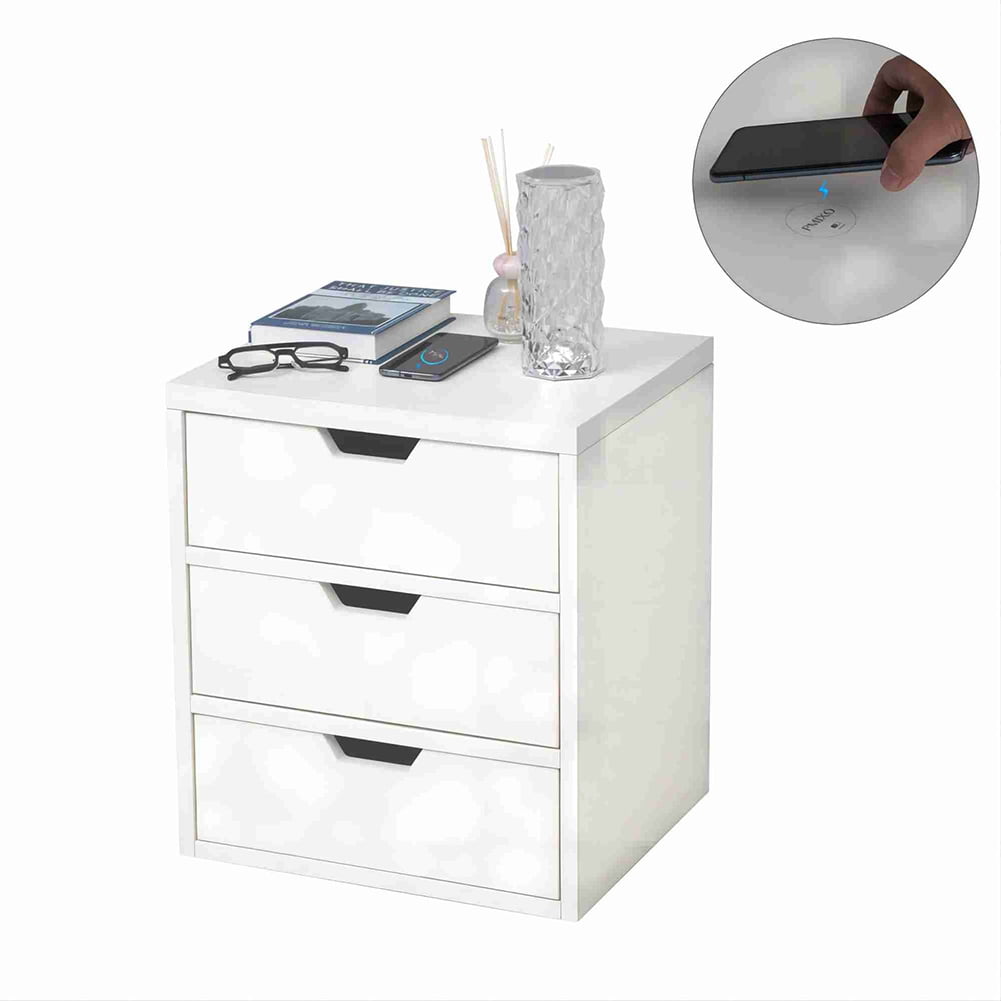 Kadyn Bedside Table, Nightstand Side Table with Wireless Charging Station, Bedside End Table with Lockers and Storage Drawers, White