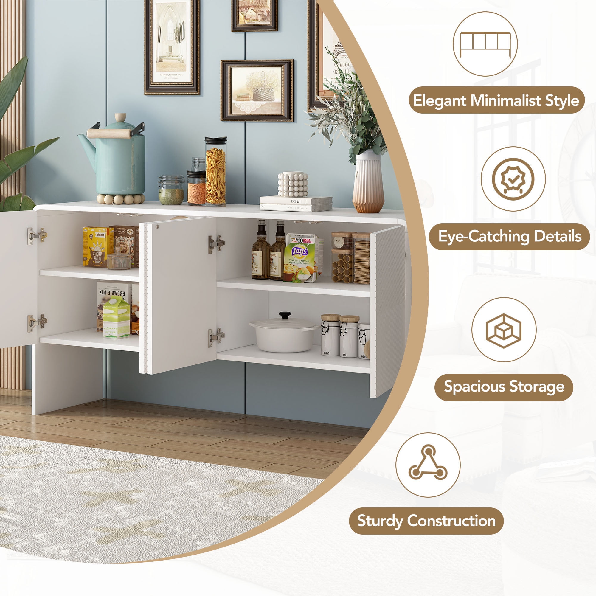 Kadyn 60"L Large Storage Space Sideboard, Sideboard Buffet Cabinet with 4 Doors, Floor Storage Cabinet for Living Room, White Kadyn 60"L Large Storage Space Sideboard, Sideboard Buffet Cabinet with 4 Doors, Floor Storage Cabinet for Living Room, White