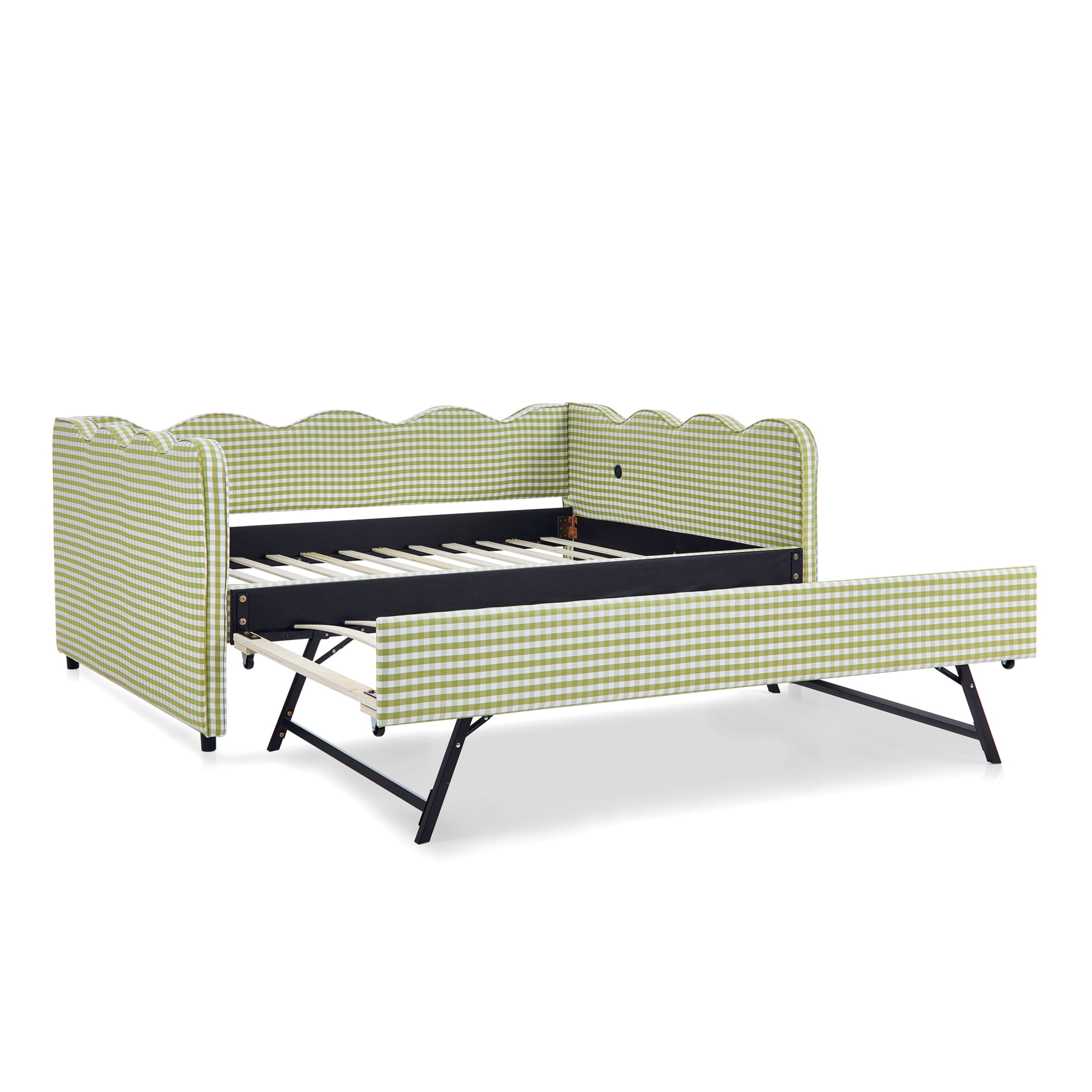 Noble House Wesley Full Size Waved Daybed, Cozy Gingham Linen Sofa Bed with Twin Trundle and Charging Port, Green