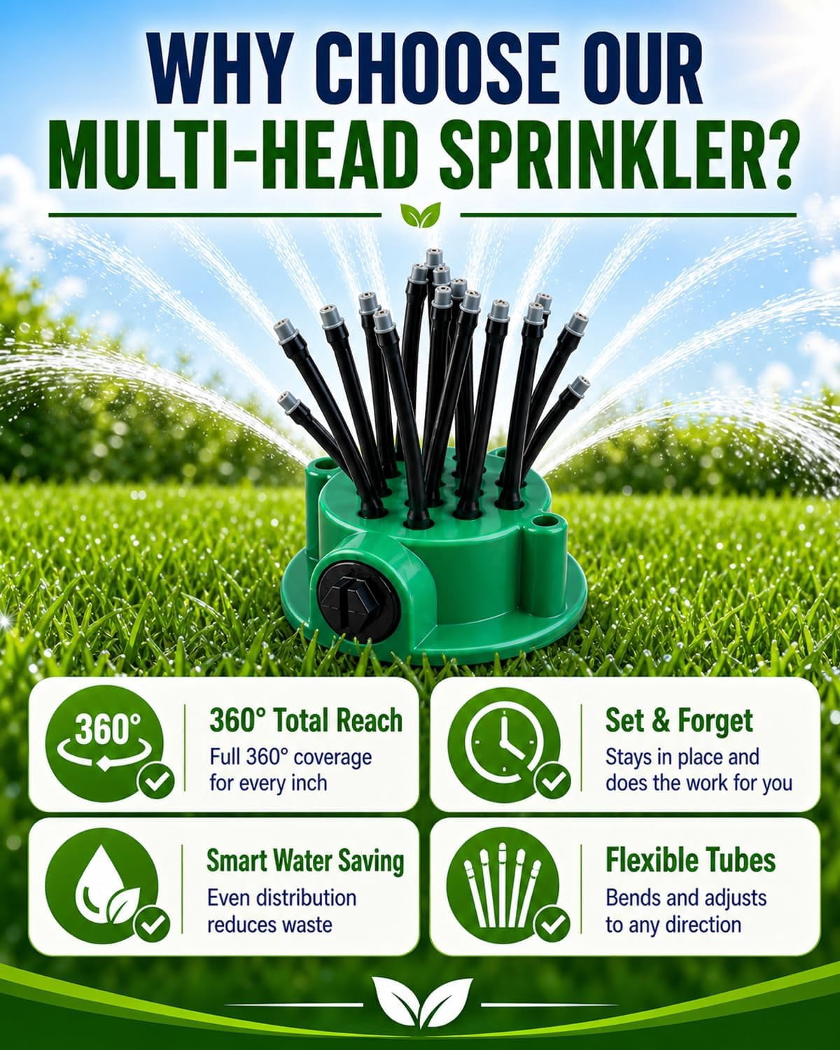 360° Coverage Lawn & Garden Irrigation Sprinkler, 12 Flexible Spray Nozzles for Targeted Watering, Adjustable Lawn Sprinkler with Durable Ground Spike, DIY Irrigation Kit for Yard Flower Bed (2Sets)