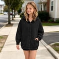 thumbnail image 6 of LUGOGNE Kids Girls Button Down Hooded Sweatshirt Jacket Casual Long Sleeve Hoodie Coat with Pockets Black,11-12 Years, 6 of 7