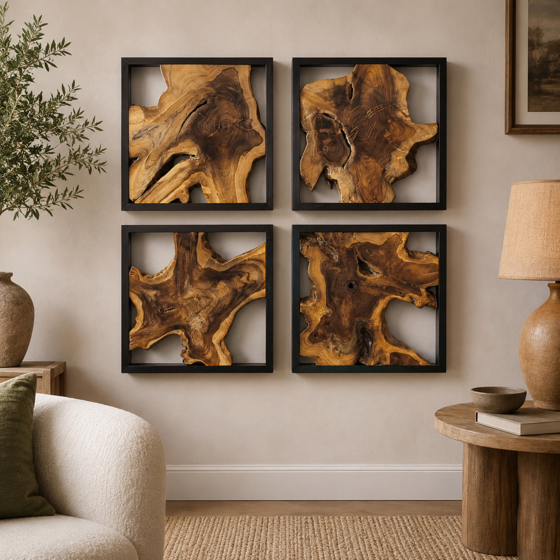 DecMode Rustic Brown Tree Trunk Inspired Wood Wall Décor, Set of 4 18"W x 18"H