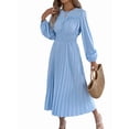 thumbnail image 3 of Women's Long Sleeve Elegant Pleated Maxi Ruffled Shirred Waist Flowy Bohemian Dress for Daily Wear Light Blue M, 3 of 10