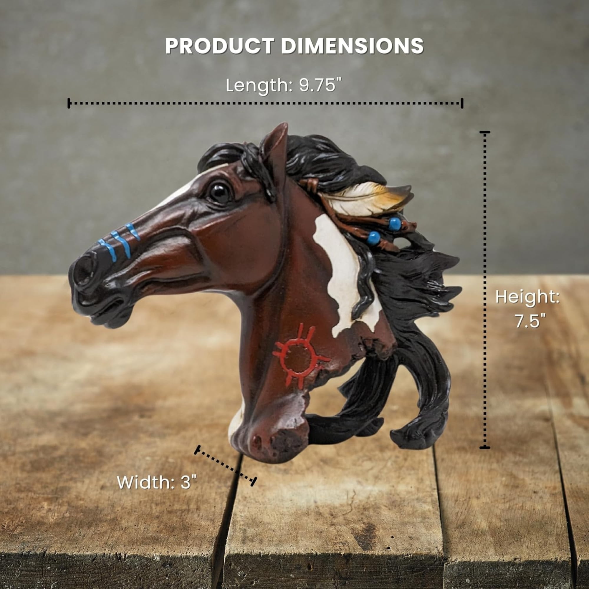 Horse Head Statue with Feathers – Rustic Western Bust Decor for Shelf or Desk – Cowboy & -Inspired Resin Figurine – Boho Equestrian Accent for Home or Office