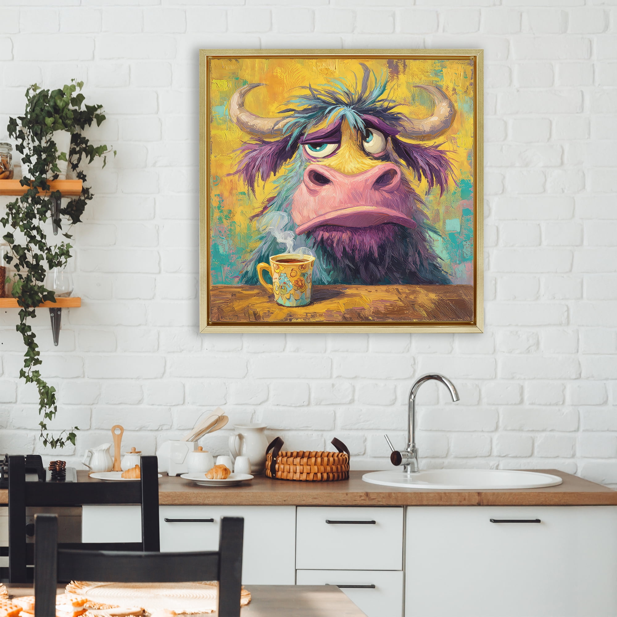 Stupell Industries Grumpy Cow & Mug Gold Framed Floater Canvas Wall Art, design by The Wands Want