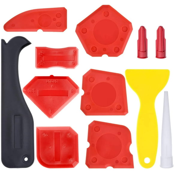 12 Pieces Caulking Tool Kit Silicone Sealant Finishing Tool Grout Scraper Caulk Remover and Caulk Nozzle and Caulk Caps (Red)
