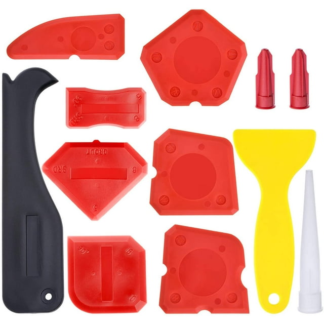 Kit de herramientas para calafateo de 12 piezas: herramienta de acabado para sellador de silicona, raspador de lechada, removedor de calafateo, boquilla para calafateo y tapas para calafateo (rojo).