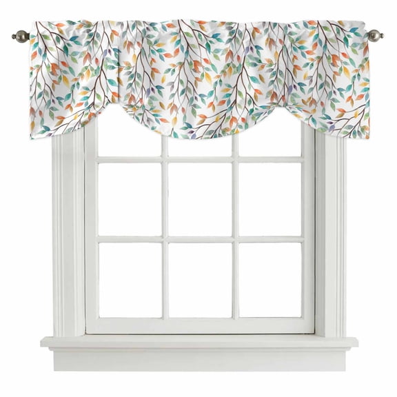 Tie Up Valances for Windows, Teal Orange Eucalyptus Adjustable Valance Curtains Window Treatment for Living Room, Weeping Botanical Leaves Rod Pocket Kitchen Curtains & Drapes 54x18 Inch