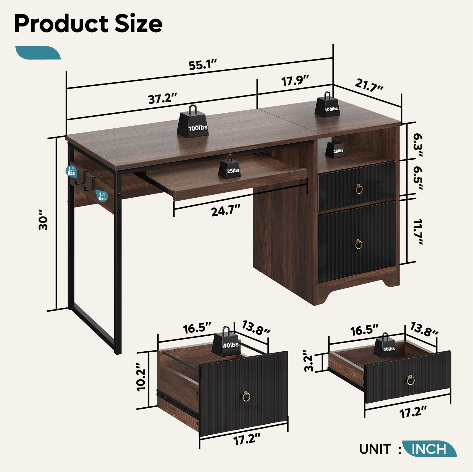 Bestier 55 Inch Office Desk with Drawers, Keyboard Tray, 2 Hooks, Modern Fluted Computer Desk for Home, Walnut