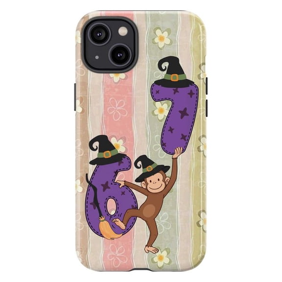 Cute Halloween Curious Monkey with 67 Numbers Phone Case, Decorative Cover with Floral Stripes for iPhone 17 16 15 14 13 12 11 Pro Plus Mini