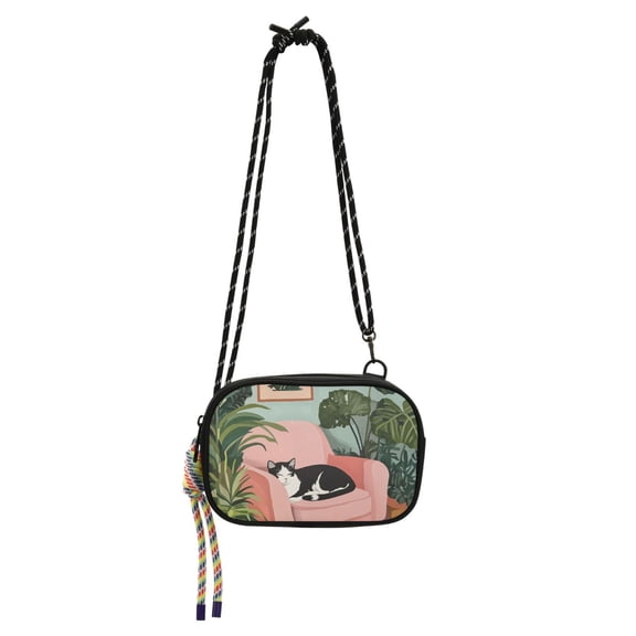FORMRS Mini Crossbody Bag for Women Adjustable Shoulder Rope Travel Casual Phone Purse, Pink Sleeping Cat