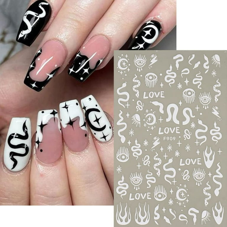 NEWSPIED 8 Sheets White Nail Art Stickers 3D Gothic Nail Decals