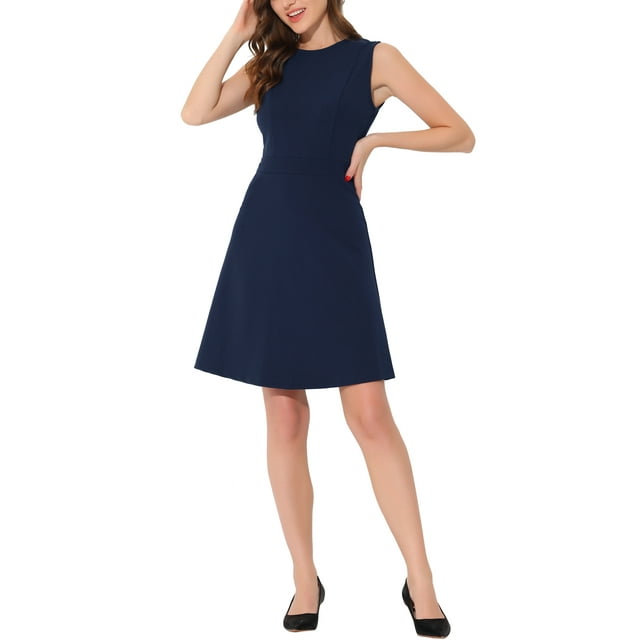 INSPIRE CHIC Robe Midi Évasée Sans Manches de Travail pour Femme, Couleur Unie, Ligne A, TG Bleu Foncé