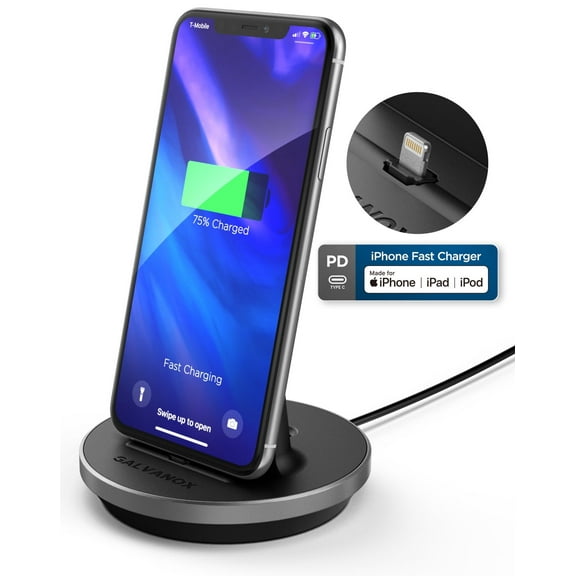 Galvanox iPhone Charger Stand (MFi Certified) Fast Charging Lightning Desktop Holder Dock with Built-in USB C Cable for Apple iPhone 8/8 Plus/X/Xs Max/XR/11/Pro Max