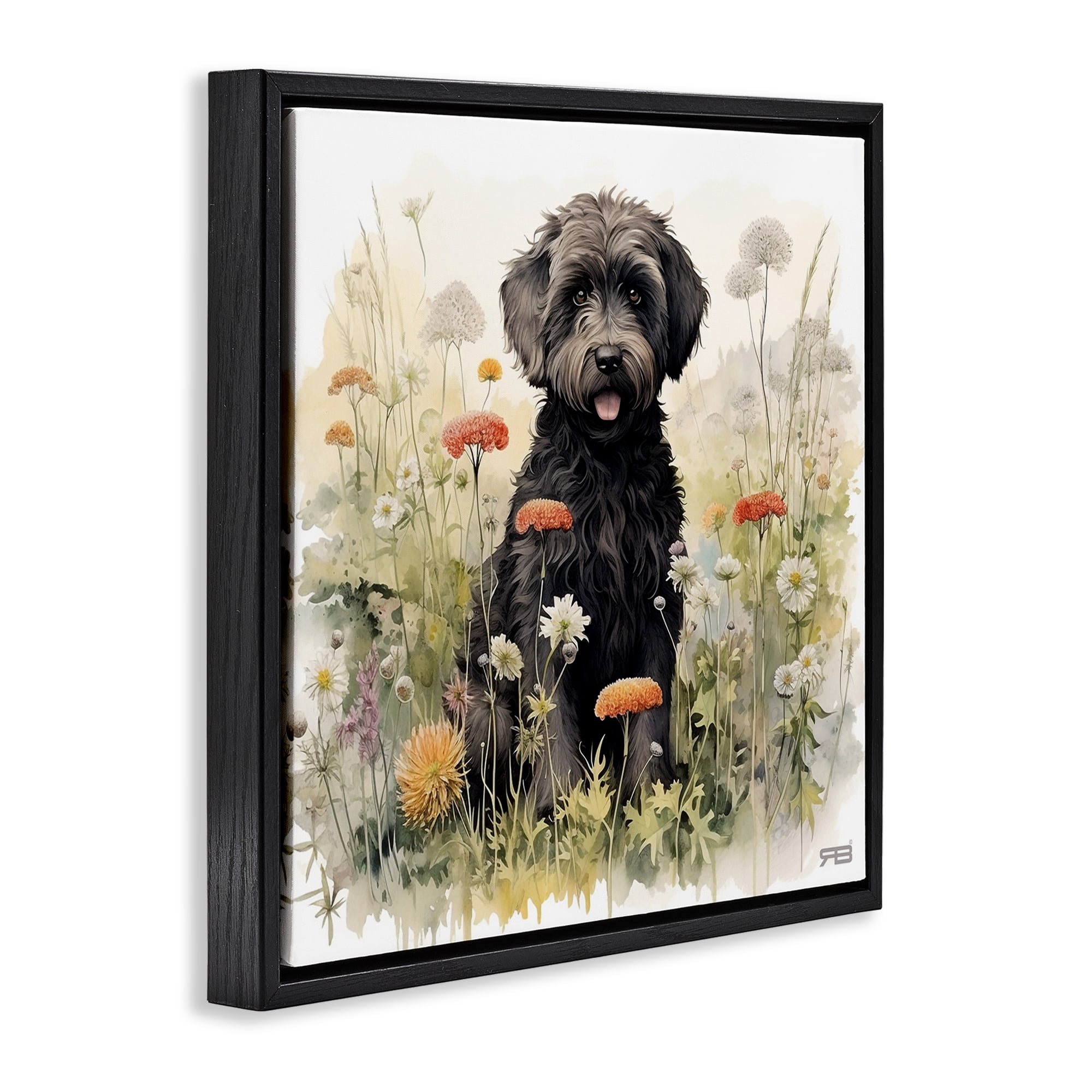 Stupell Industries Black Terrier in Meadow Animals & Insects Painting Black Floater Framed Canvas Art Print Wall Art, 18 x 18