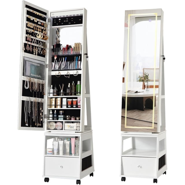 360° Freestanding Jewelry Armoire, Full-Length Mirror, Swivel Vanity Mirror, 3-Color LED, Shelves, Lockable – White