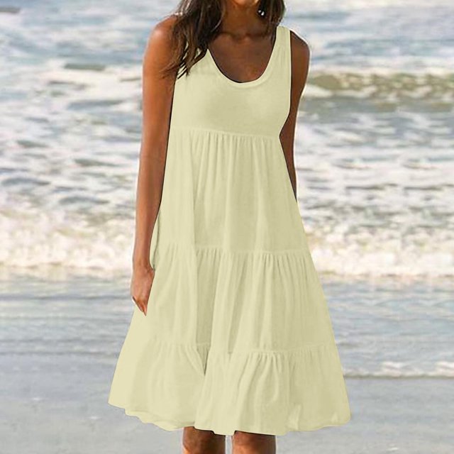 FcBaudy Robes d'Été pour Femmes, Robes pour Femmes, Jupe pour Femmes Robe d'Été pour Femmes à Col Rond Imprimée Sans Manches Robe de Plage pour Femmes Jupe en Coton