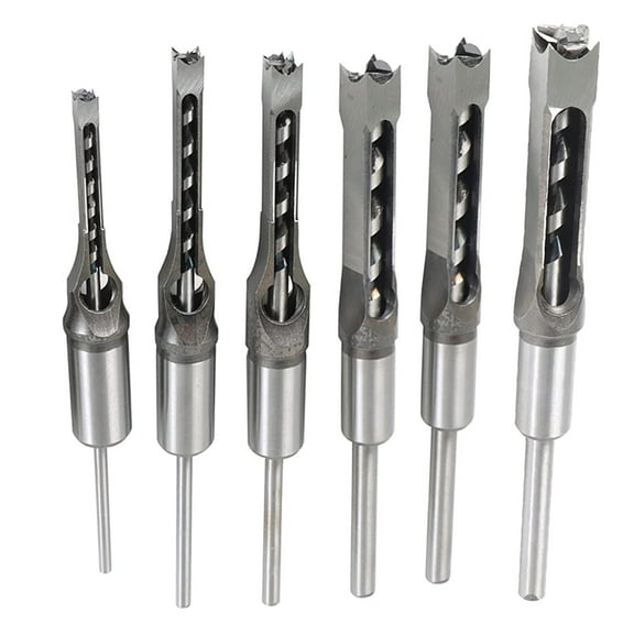 6Pcs Square Hole Drill Bit HSS Square Hole Saw Mortise Chisel Drill Bit Tools Wood Mortising Chisel Set, Sizes 1/4, 5/16, 3/8, 1/2, 9/16, 5/8 Inch