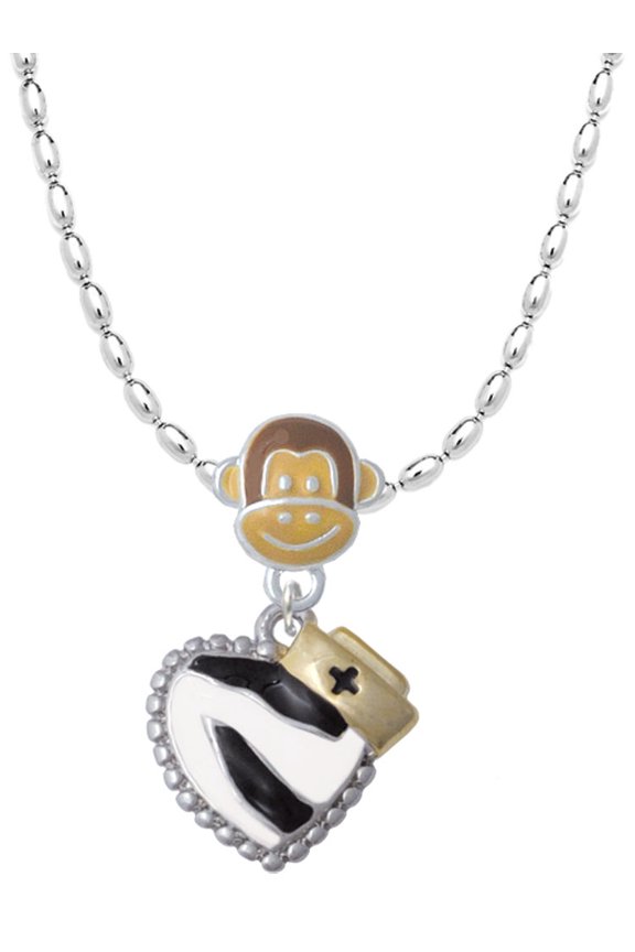 Zebra Print Heart with Nurse Hat Mia Monkey Charm Necklace