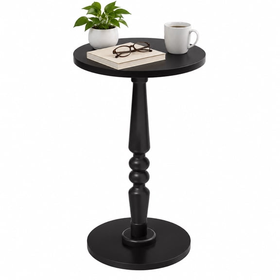 Lorveina Black Round Side Table for Small Spaces Solid Wood Top Pedestal Base End Table Nightstand for Living Room Bedroom Office