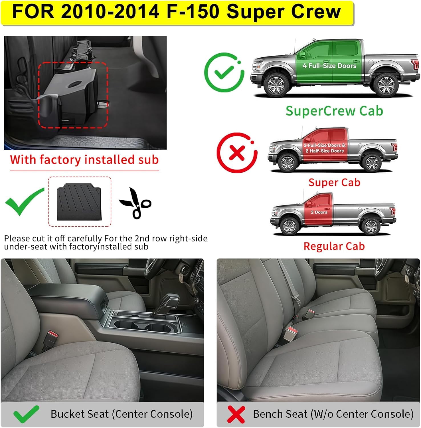 Car Floor Mats Liner For 2010-2014 Ford F-150 F150 SuperCrew Cab TPE All-Weather, Front & 2nd Row, 3-Piece Set, Black