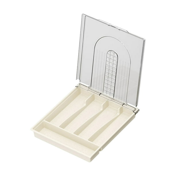Soporte para utensilios de encimera con tapa, bandeja de plástico para cubiertos para cajón, organizador de cubiertos de 5 compartimentos