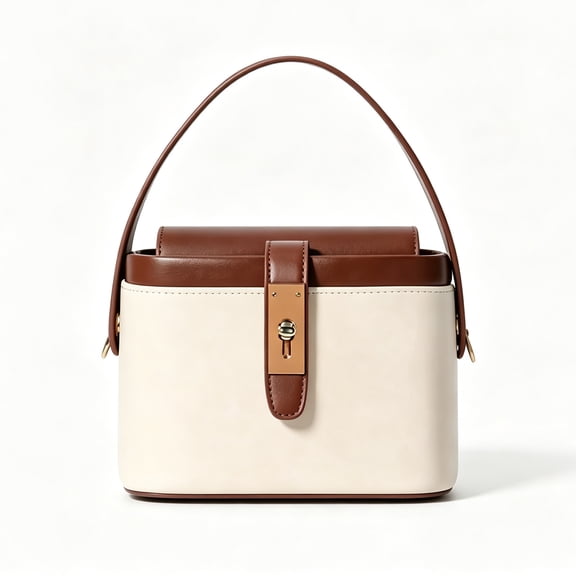 Women’s Beige Brown Bucket Handbag, Top Handle Purse with Lock Detail
