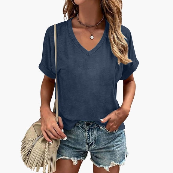 T Shirts Women Short Sleeve V Neck Solid Print Tops for Everyday Comfort Wear Tees for Women Navy M
