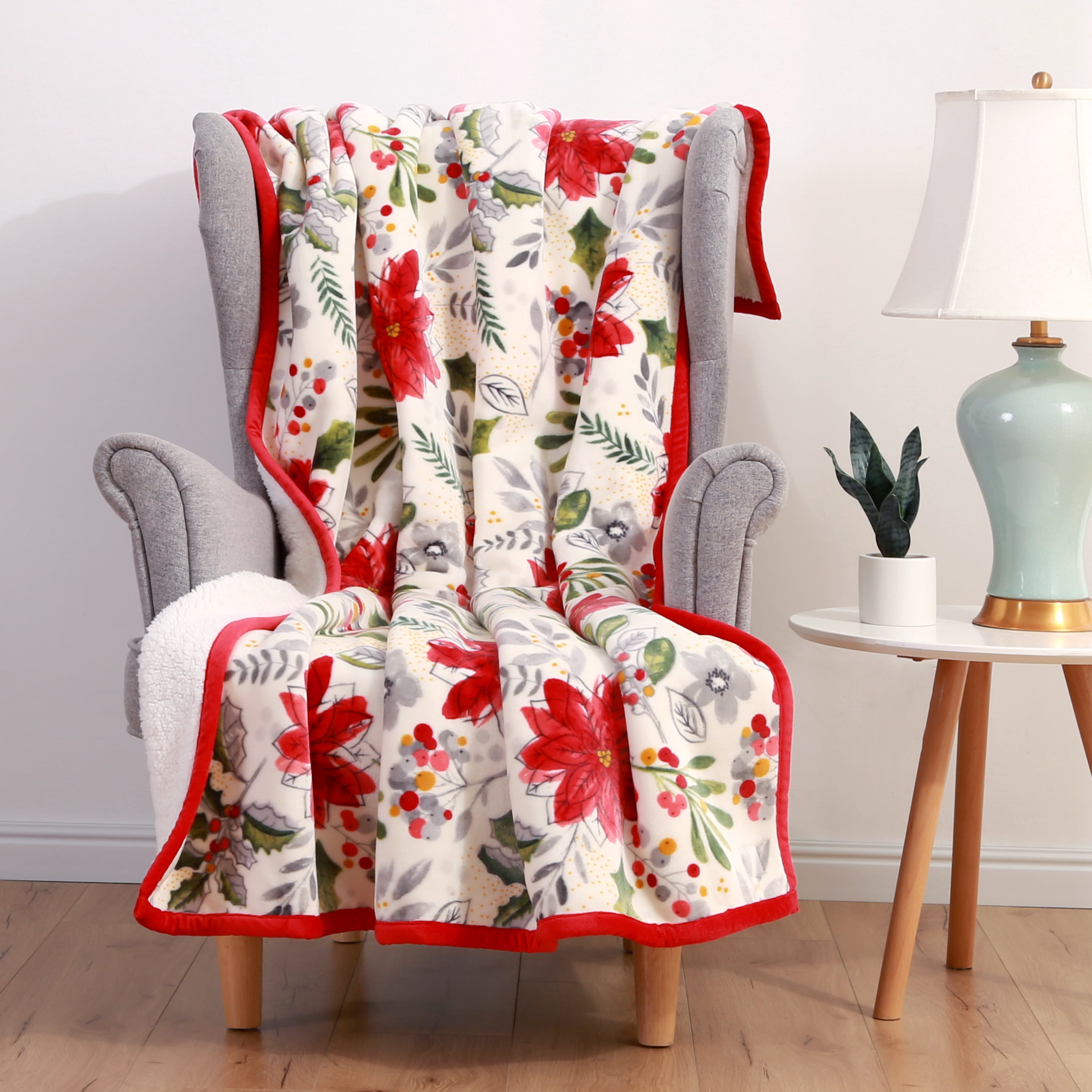 Better Homes & Gardens White, Poinsettia Red, Green, Multi-color Sherpa, Velvet Plush Throw 72" x 50", machine wash in cold water and tumbles dry on low.