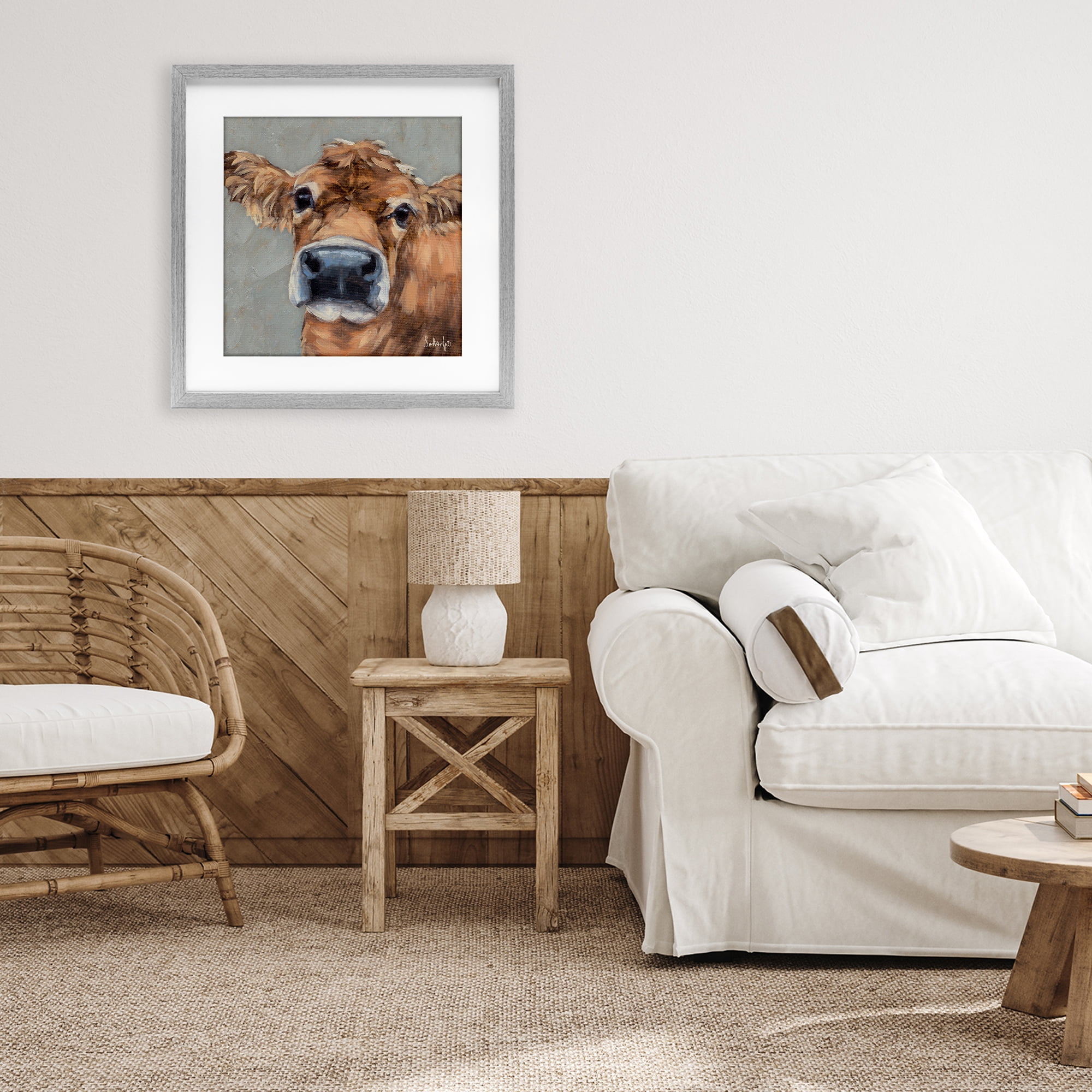 Stupell Industries Freckles The Cow Portrait Gray Framed Print Under Glass, design by Sara G. Designs