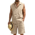 thumbnail image 2 of HBGVBA Mens Shorts Set Sleeveless Button Collared Shirt Tank Top Elastic Waist Casual Outfit Set, 2 of 5