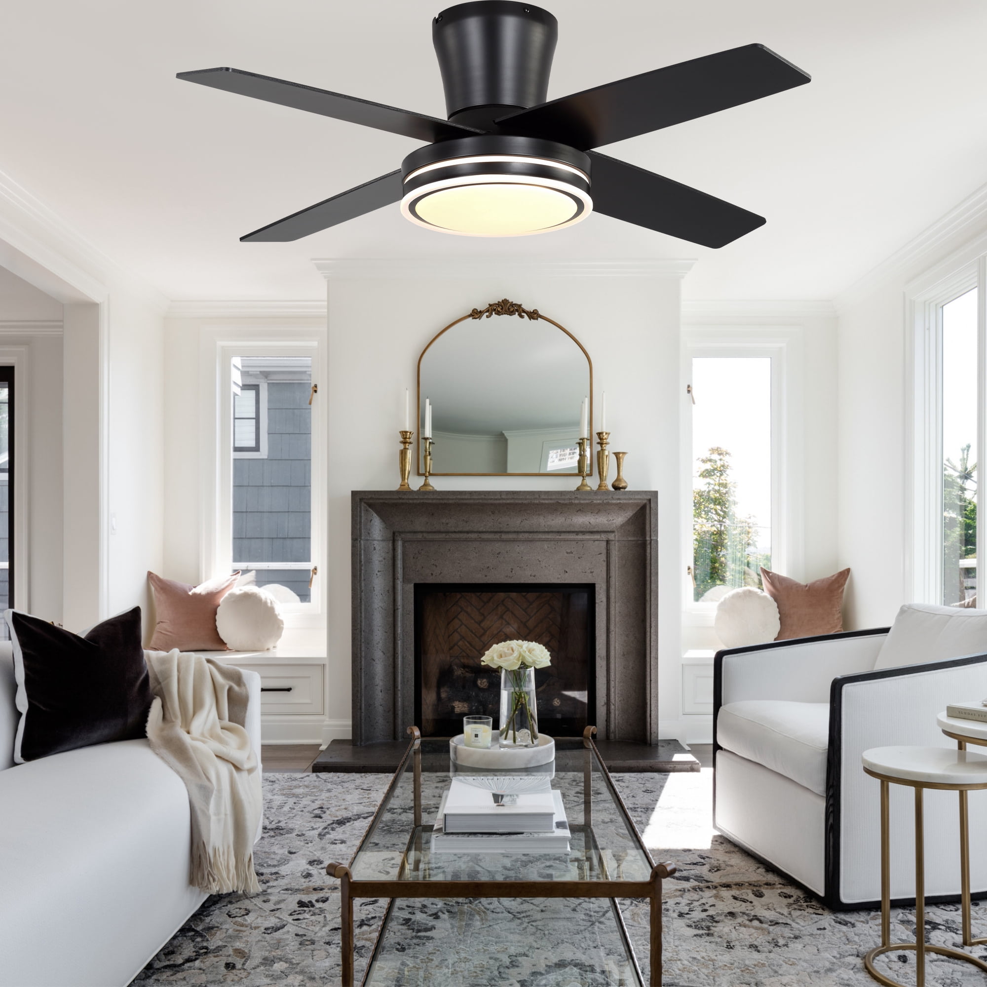 Chords Attic 44" Flush Mount Ceiling Fan with LED Light and Remote Control, 6-Speed DC Motor, 3 Color Temperatures, Reversible for Bedroom, Living Room and Dining Room