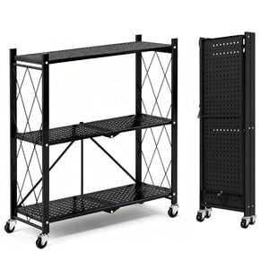 TAIMASI 3-Tier Foldable Metal Shelf with Wheels, Black