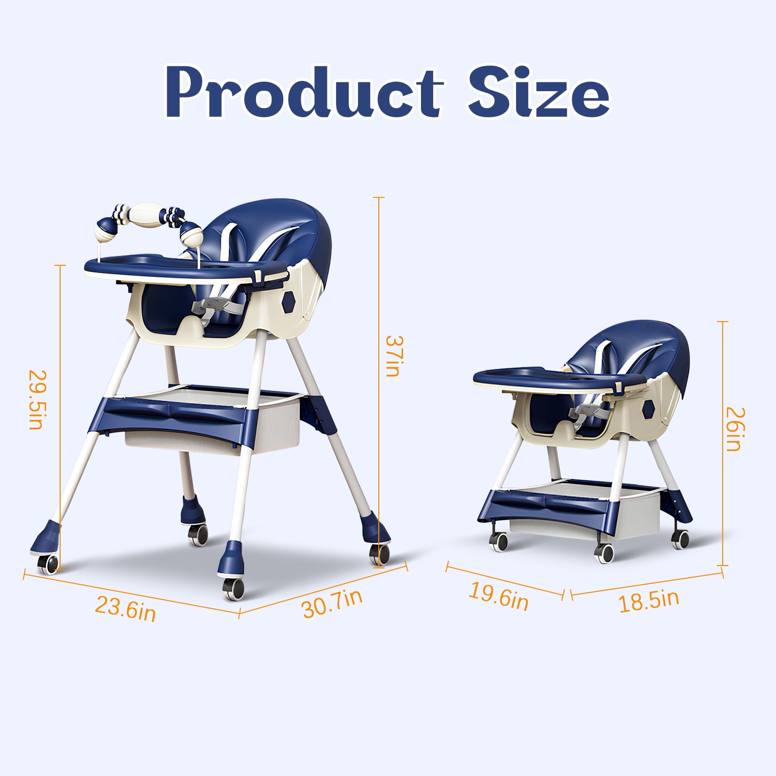 HAOUUCYIN 4-in-1 Baby High Chair, Portable Dining Chairs Eat & Play with Double-Layer Dinner Plate and Toy Rack, for 0-36 Months, Blue