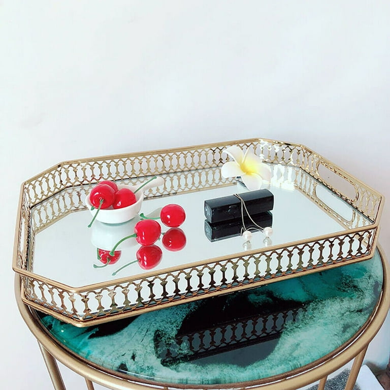 gold dressing table tray Seyotauo Gold Iron Bird Mirror Vanity Tray, Decorative Jewelry Cosmetics Perfume Storage Organizer Tray for Home Decor Bedroom Dresser Bathroom Vanity Table Living Room Desktop Ornament Decor